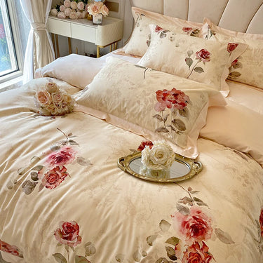 French Vintage Rose Pattern Print Egyptian Cotton 1000TC Silky Duvet Cover Bedding Set